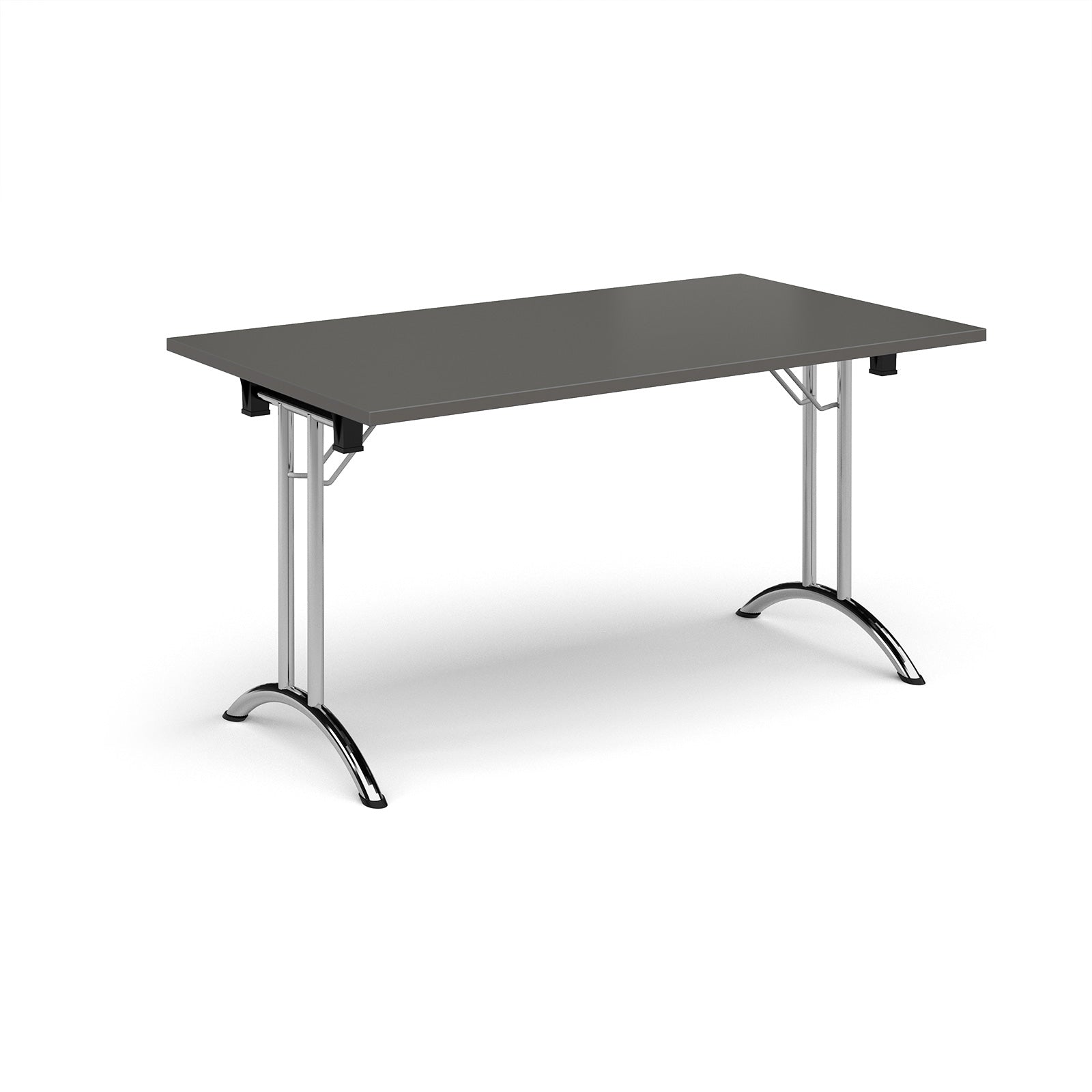 Folding table with grey top and chrome legs on a white background