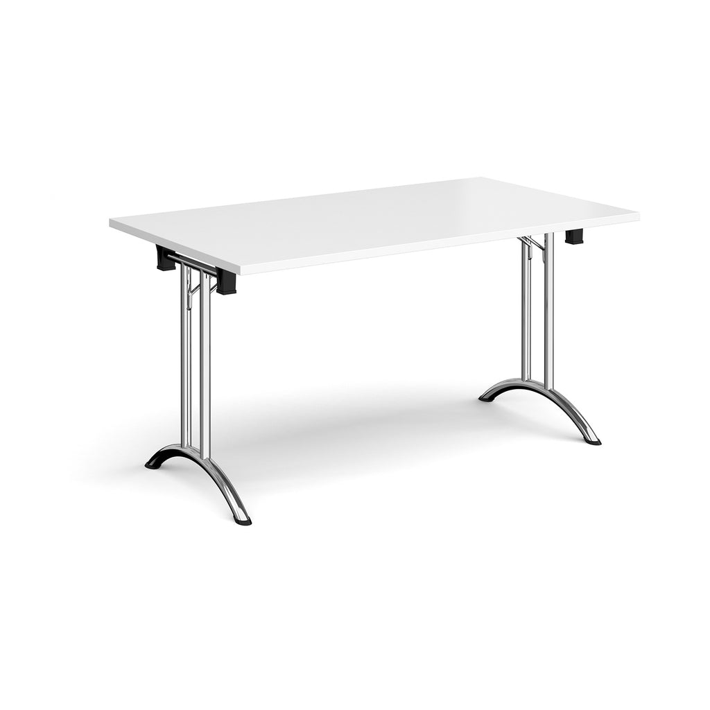 Folding table with white top and chrome legs on a white background