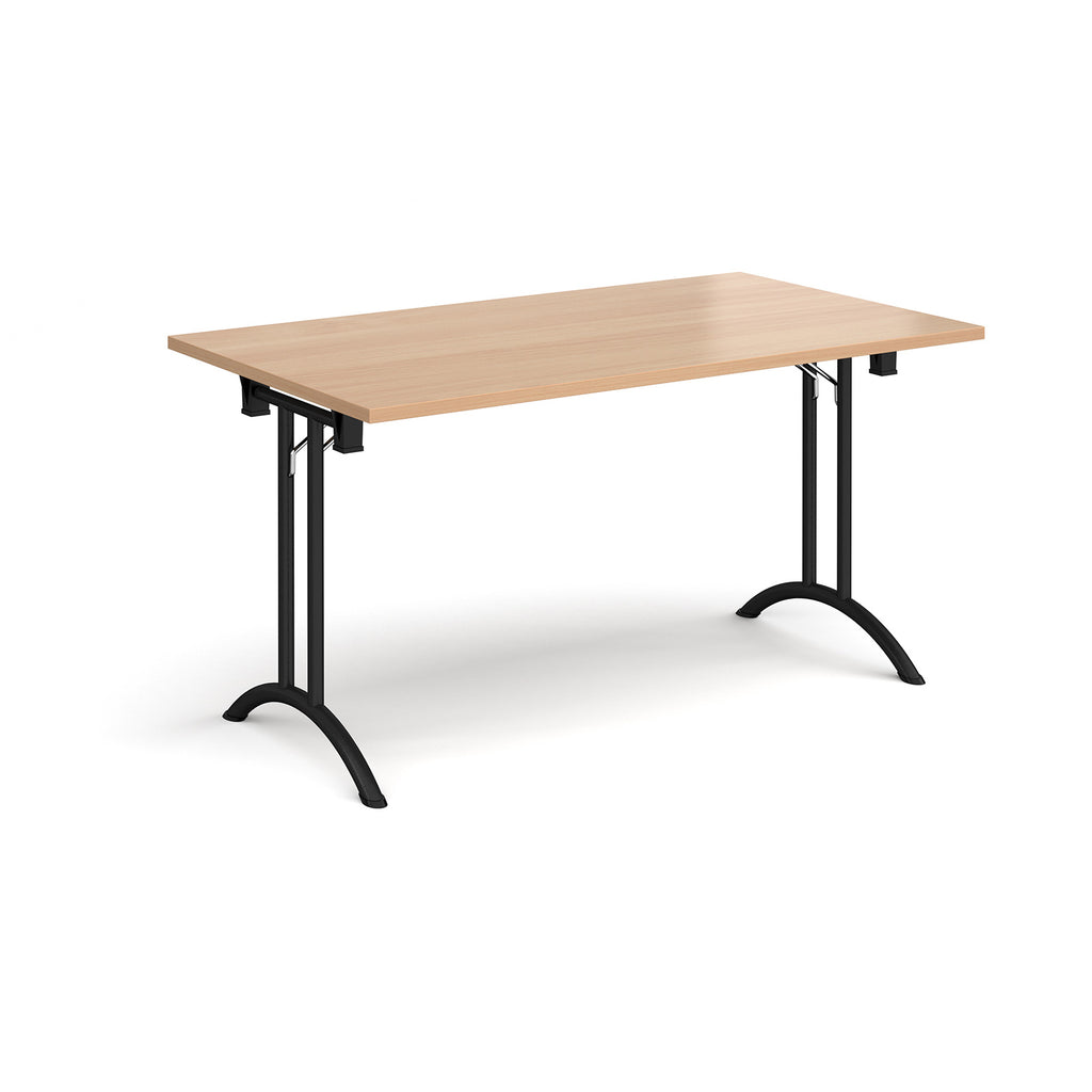 Folding table with wood-effect top and black legs on a white background