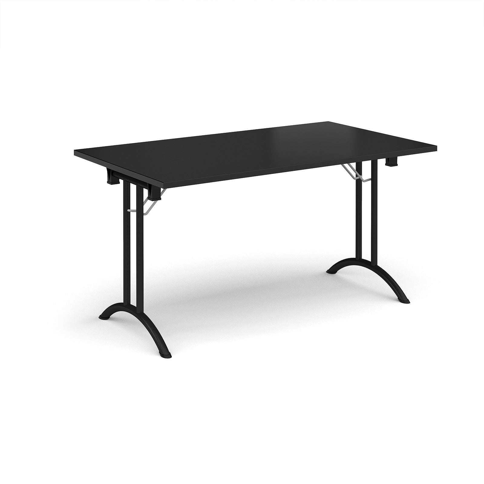 Black folding table with metal legs on a white background