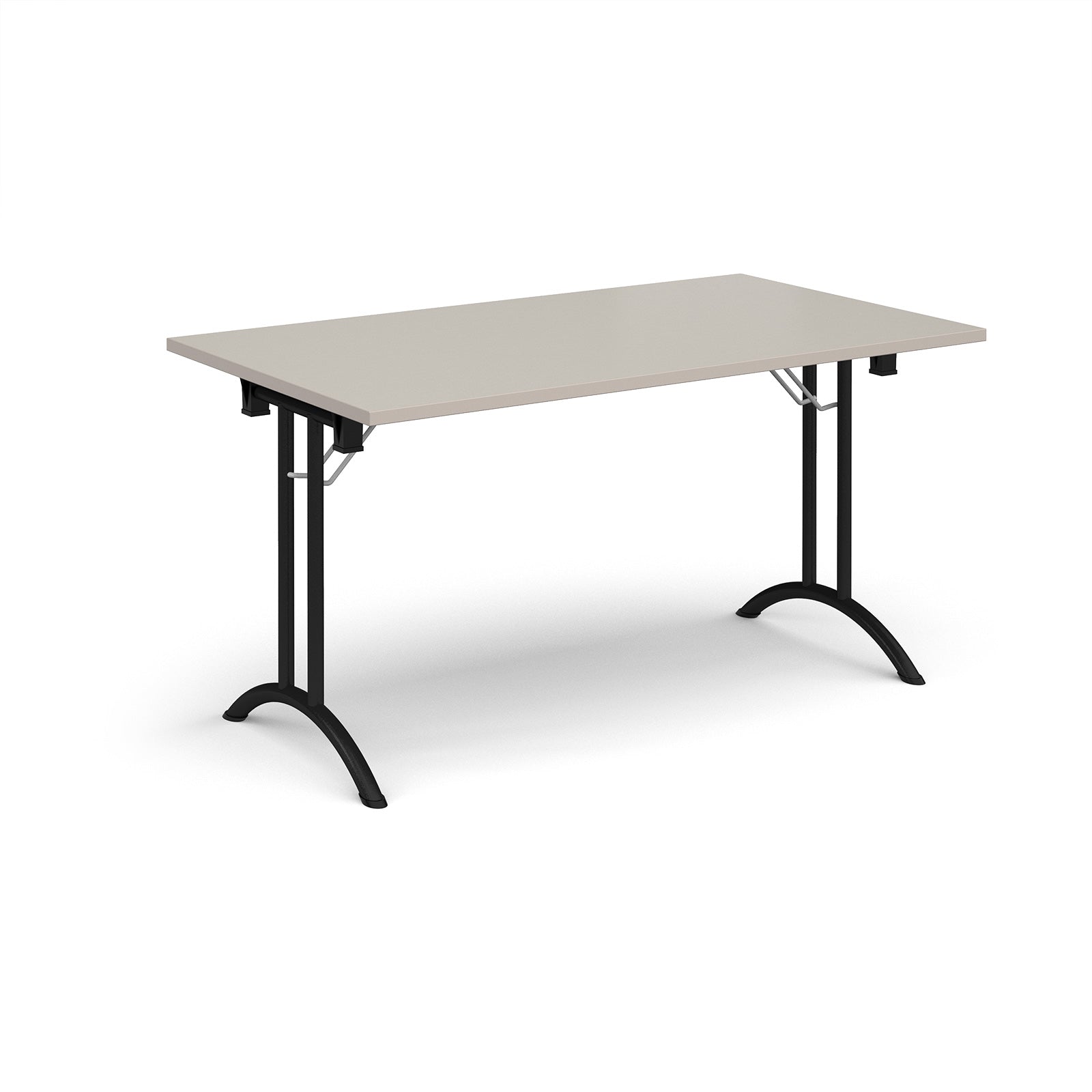 Folding table with light grey top and black legs on a white background