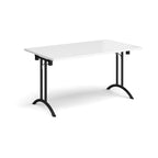 Folding table with white top and black legs on a white background