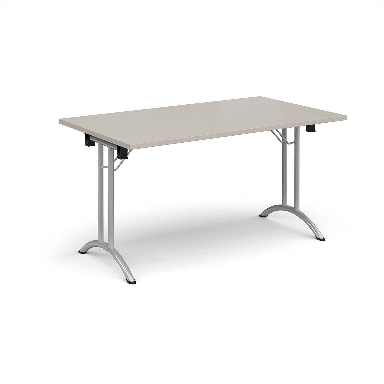 Folding table with wood-effect top and silver legs on a white background