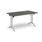 Folding table with grey top and silver legs on a white background
