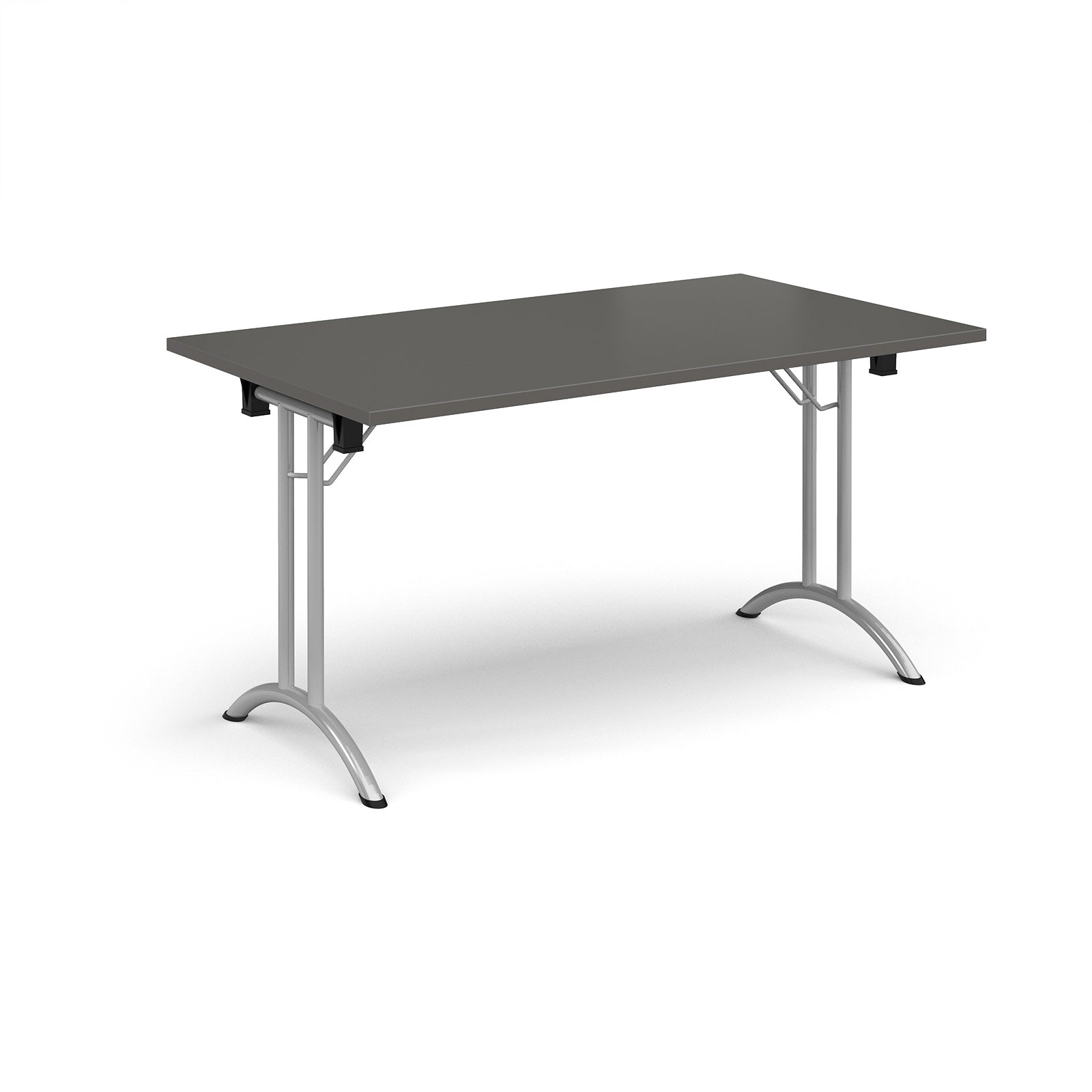 Folding table with grey top and silver legs on a white background