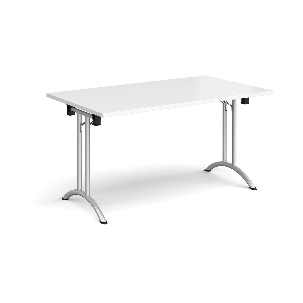 Folding table with white top and silver legs on a white background