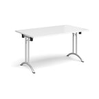 Folding table with white top and silver legs on a white background