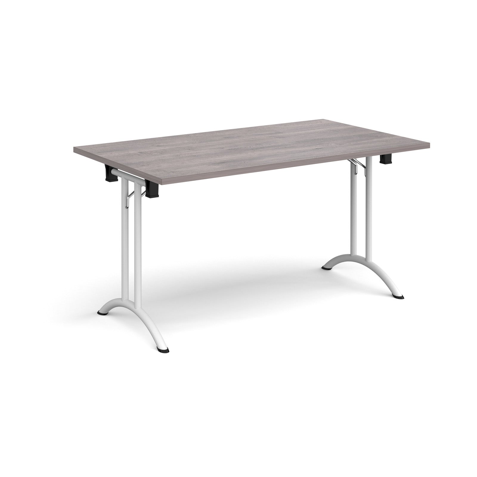 Folding table with grey wood-effect top and white legs on a white background