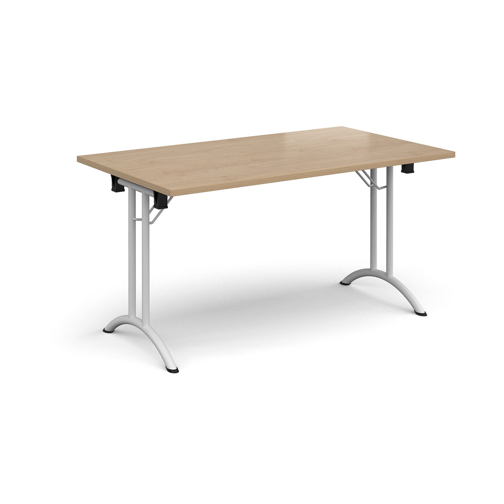 Folding table with wood-effect top and white legs on a white background