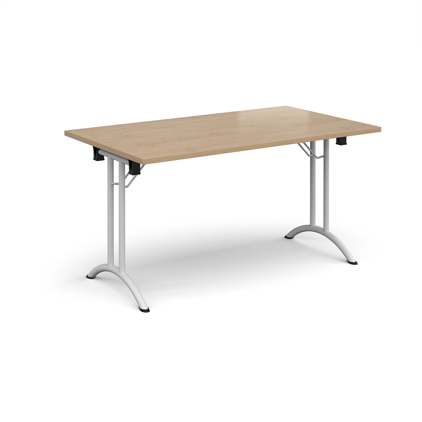 Folding table with wood-effect top and white legs on a white background
