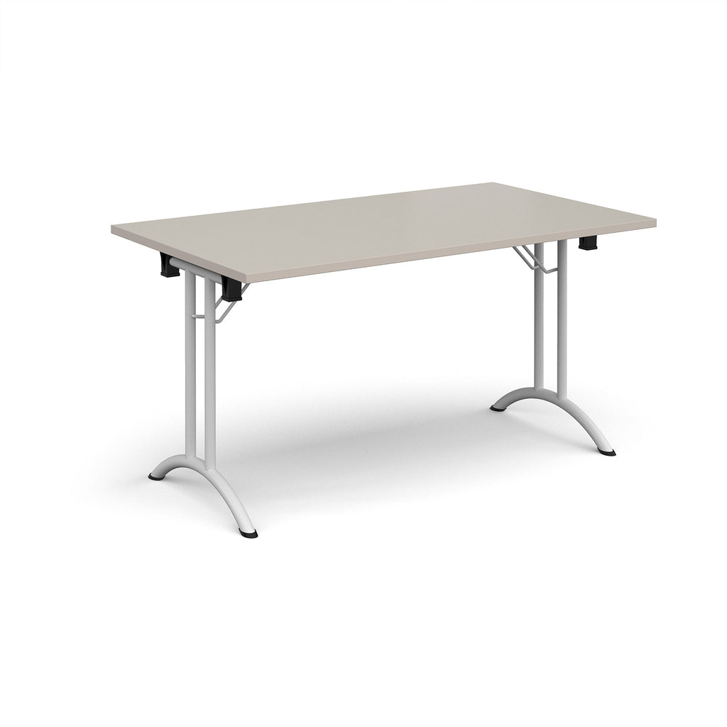 Folding table with light grey top and white legs on a white background