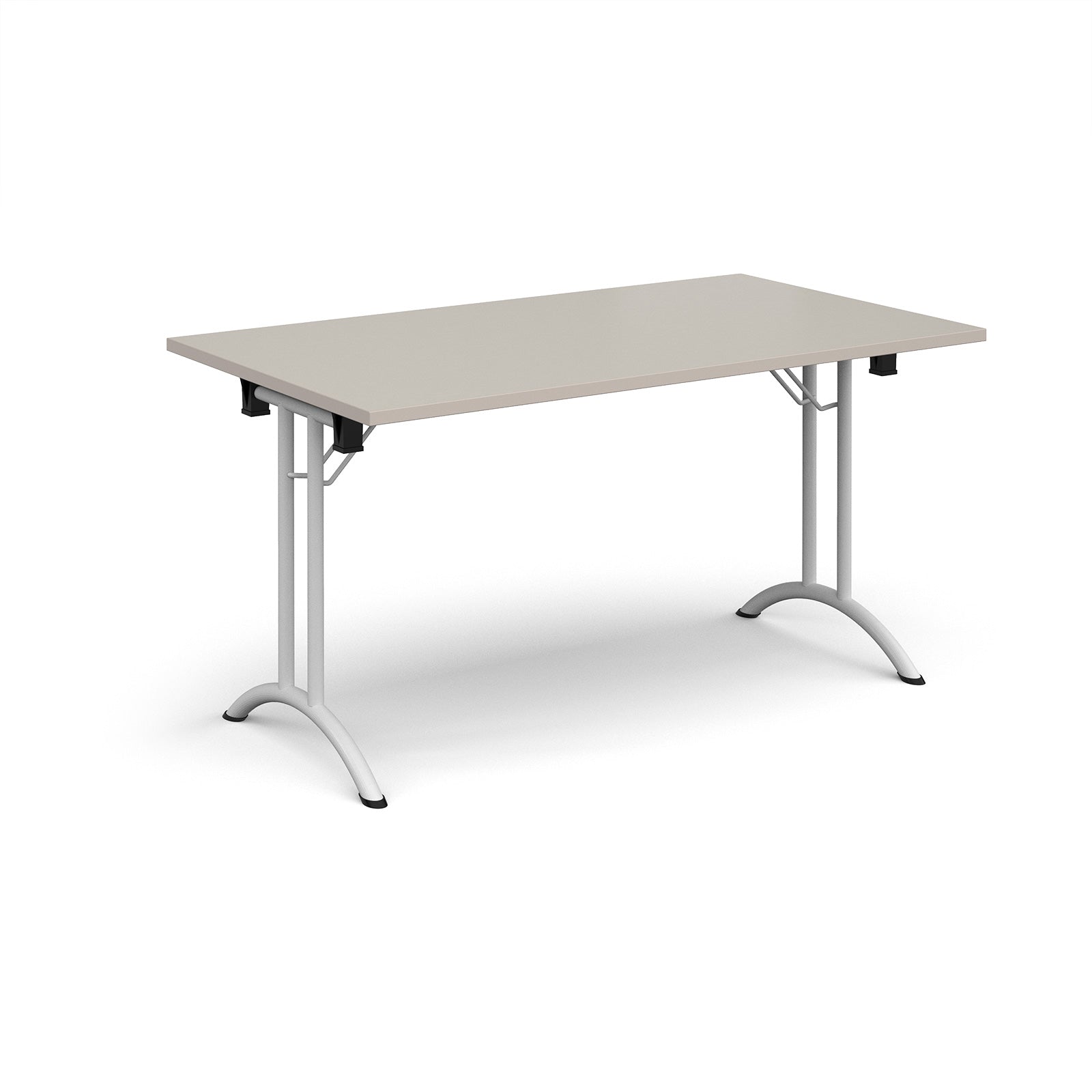 Folding table with light grey top and white legs on a white background