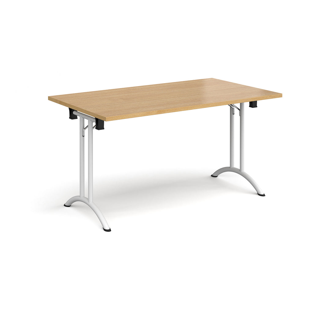 Folding table with wood-effect top and white legs on a white background