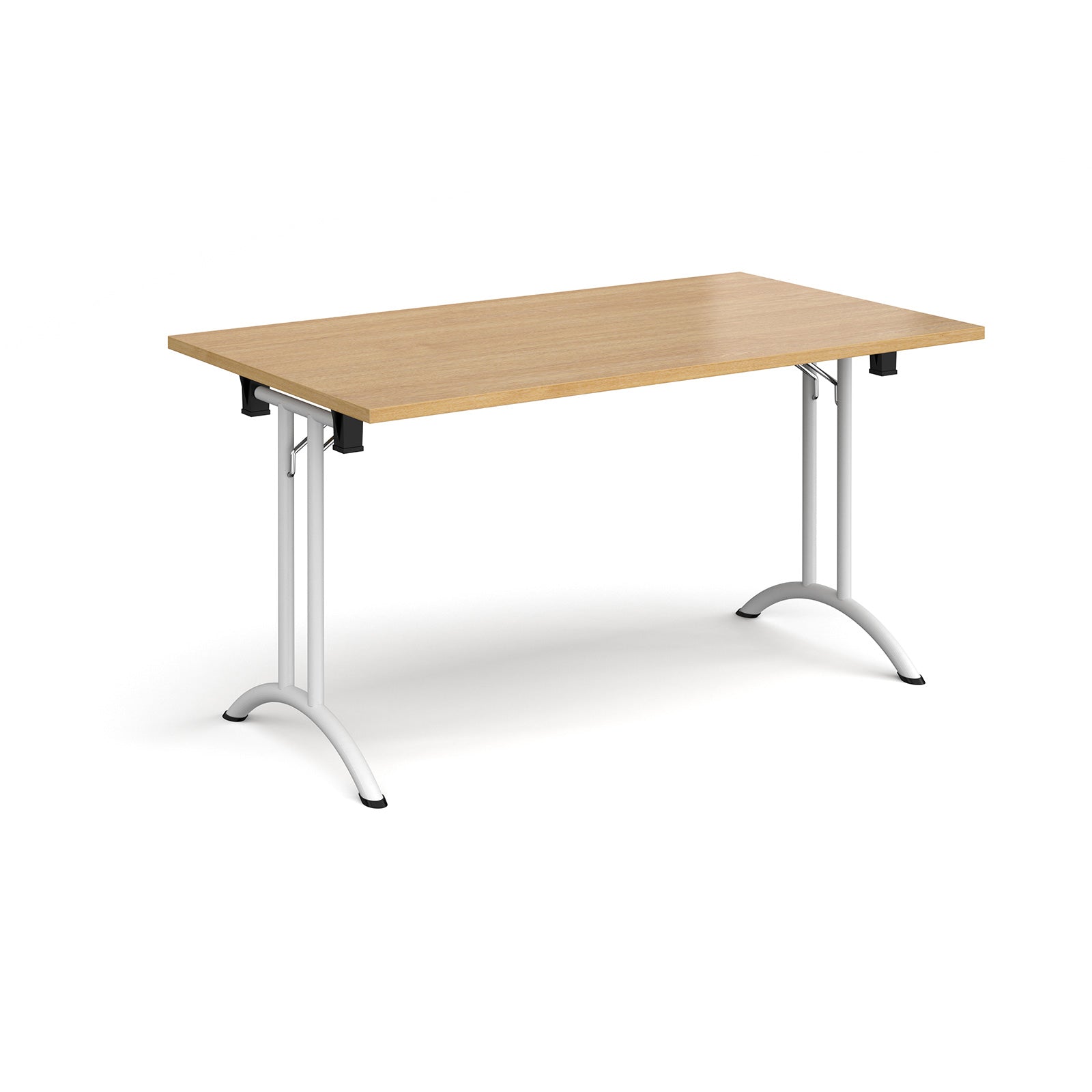 Folding table with wood-effect top and white legs on a white background