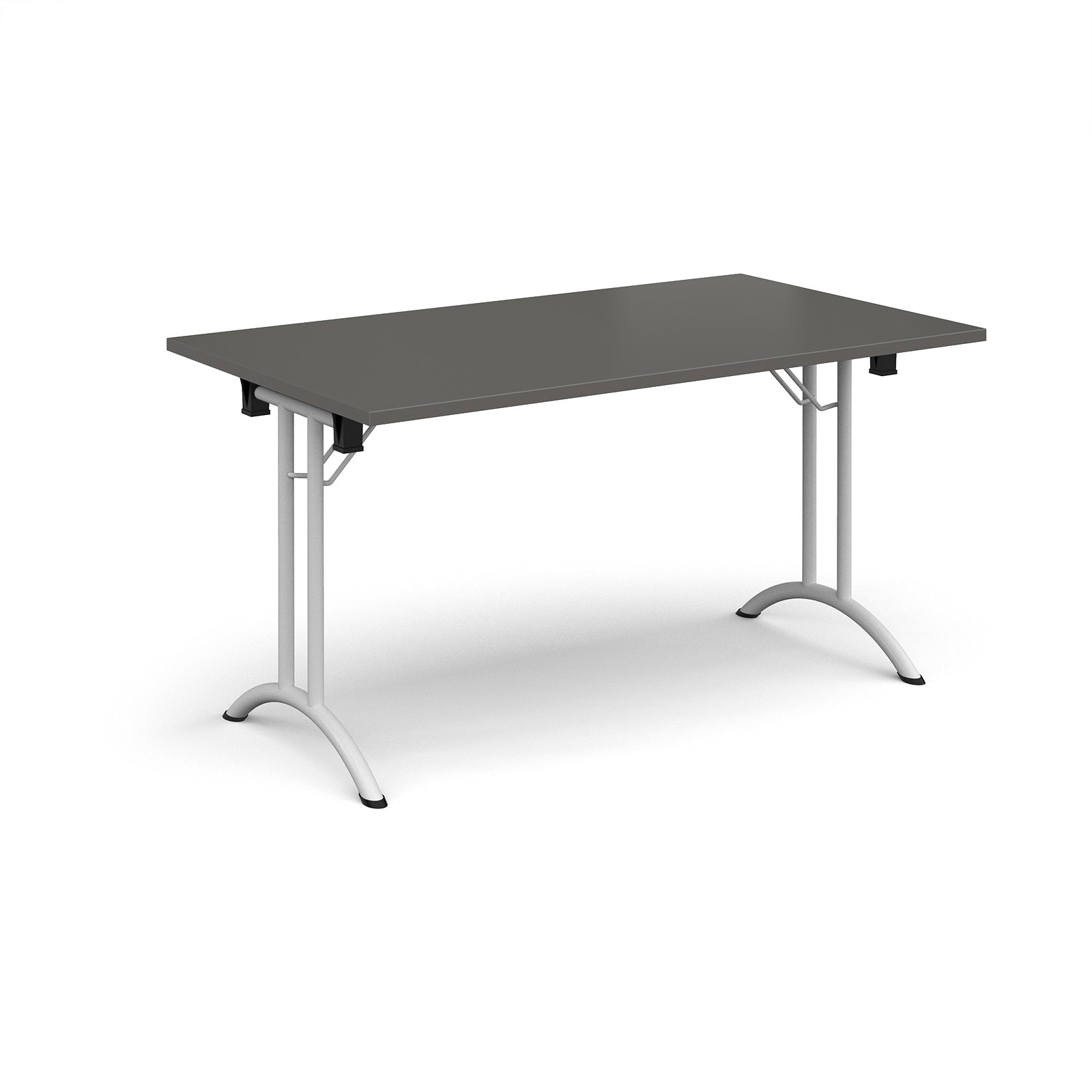 Folding table with grey top and white legs on a white background