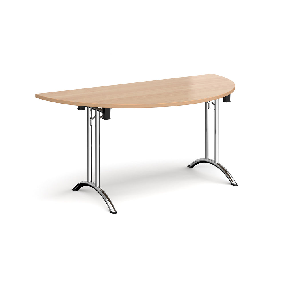 Semi-circular table with wood-effect top and chrome frame on a white background