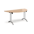 Semi-circular table with wood-effect top and chrome frame on a white background
