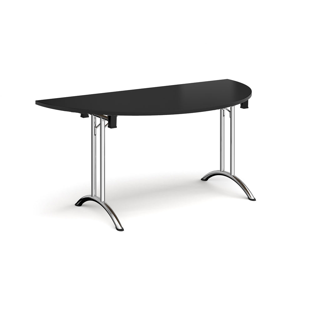 Semi-circular table with black top and chrome frame on a white background