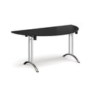 Semi-circular table with black top and chrome frame on a white background