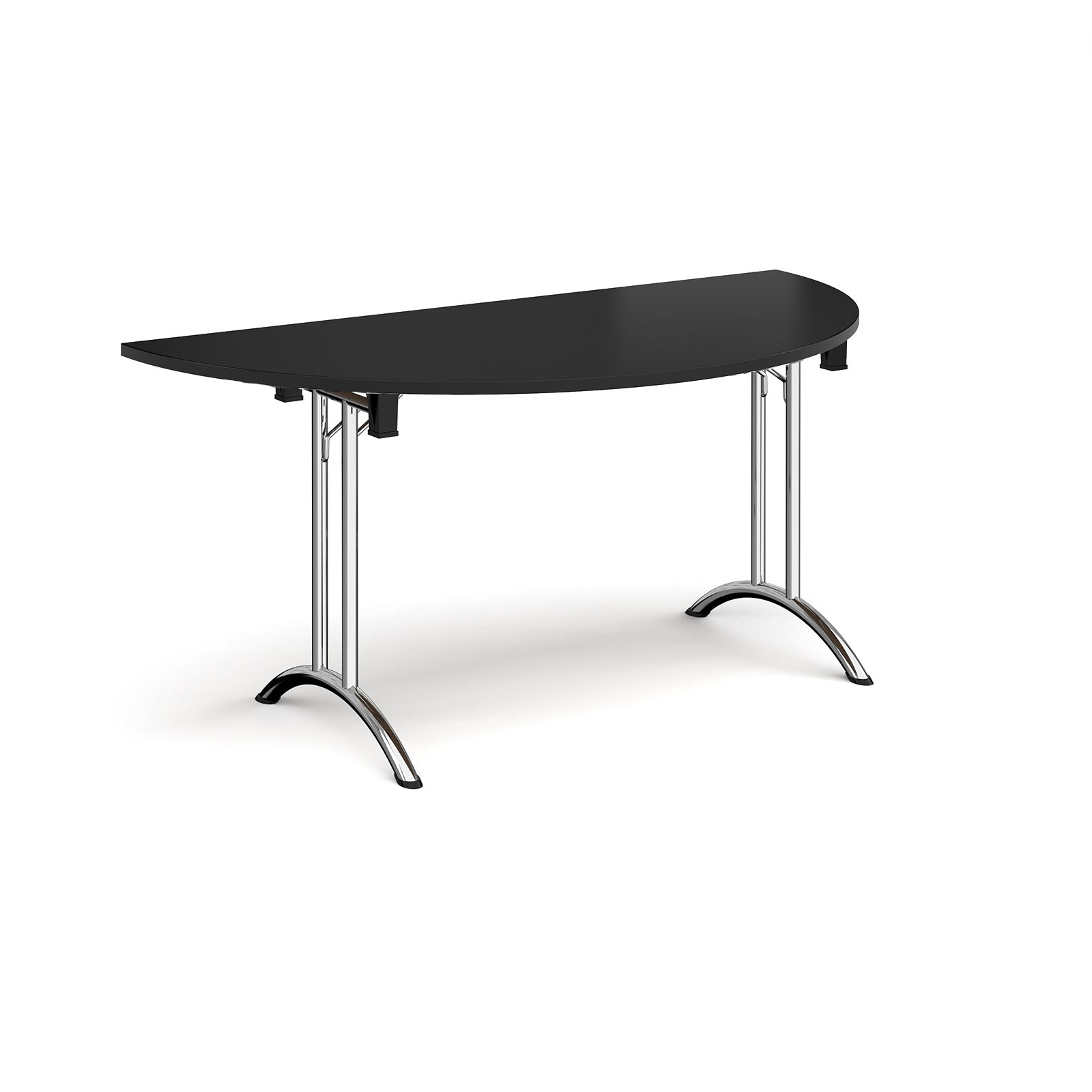 Semi-circular table with black top and chrome frame on a white background
