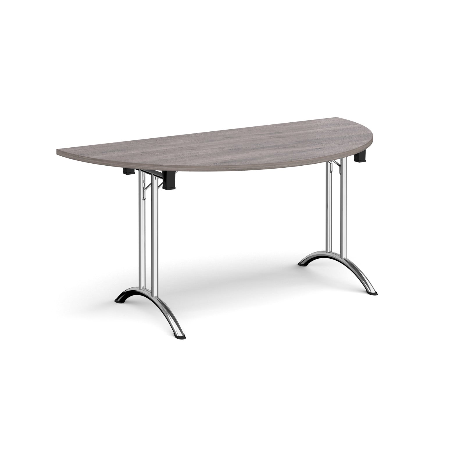 Semi-circular table with grey wood-effect top and chrome frame on a white background
