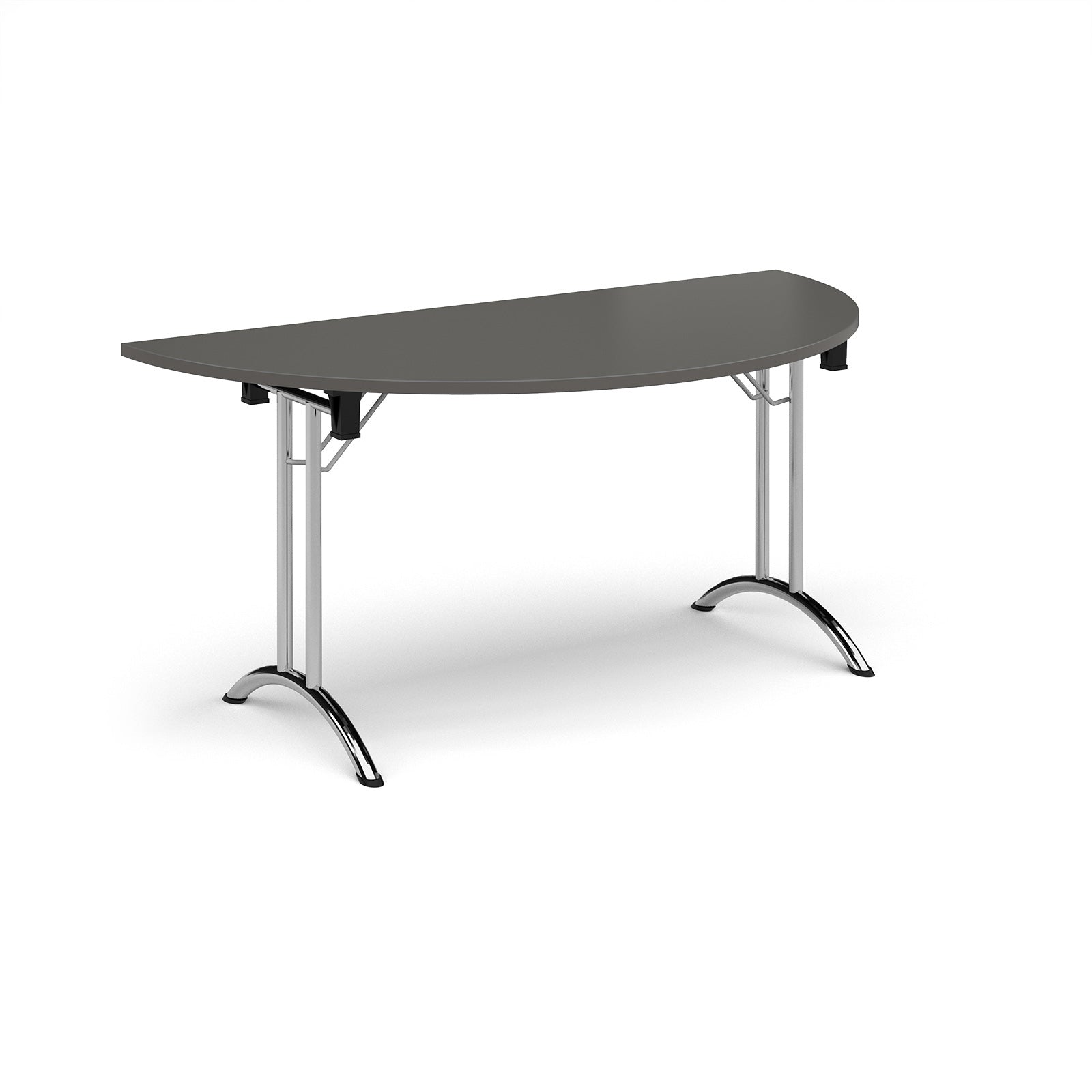 Semi-circular table with grey top and chrome frame on a white background
