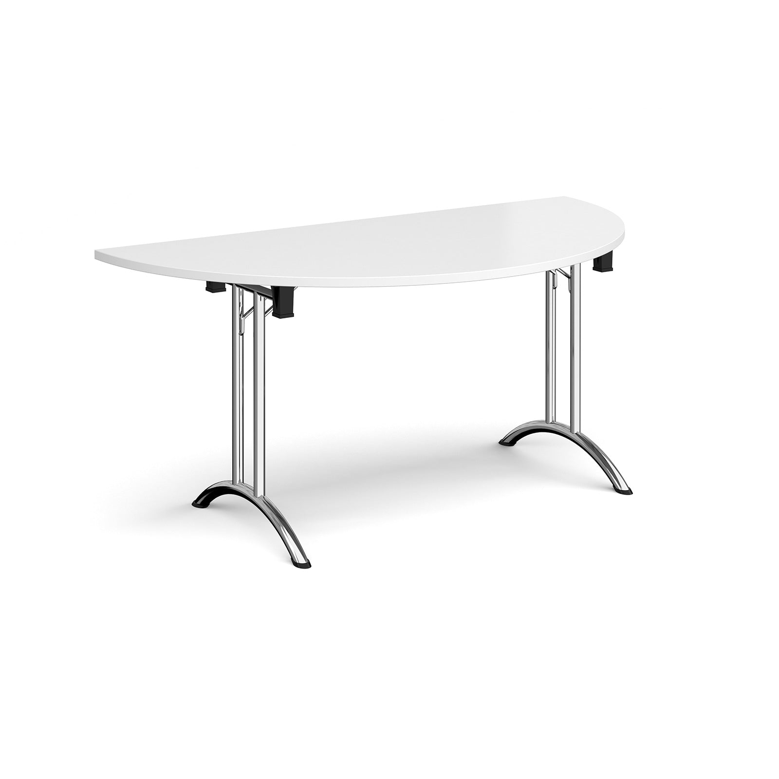 Semi-circular table with white top and chrome frame on a white background