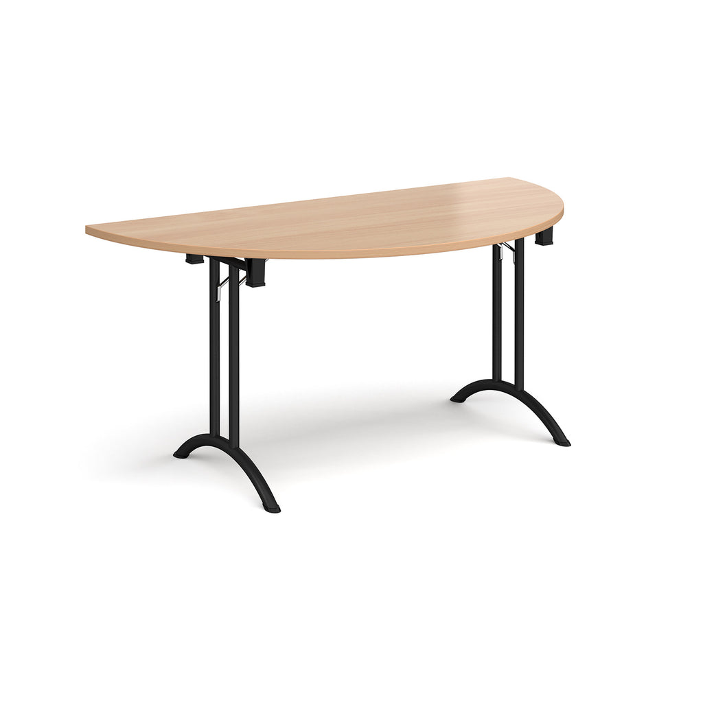 Semi-circular table with wood-effect top and black frame on a white background