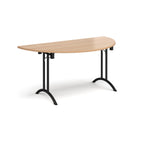 Semi-circular table with wood-effect top and black frame on a white background