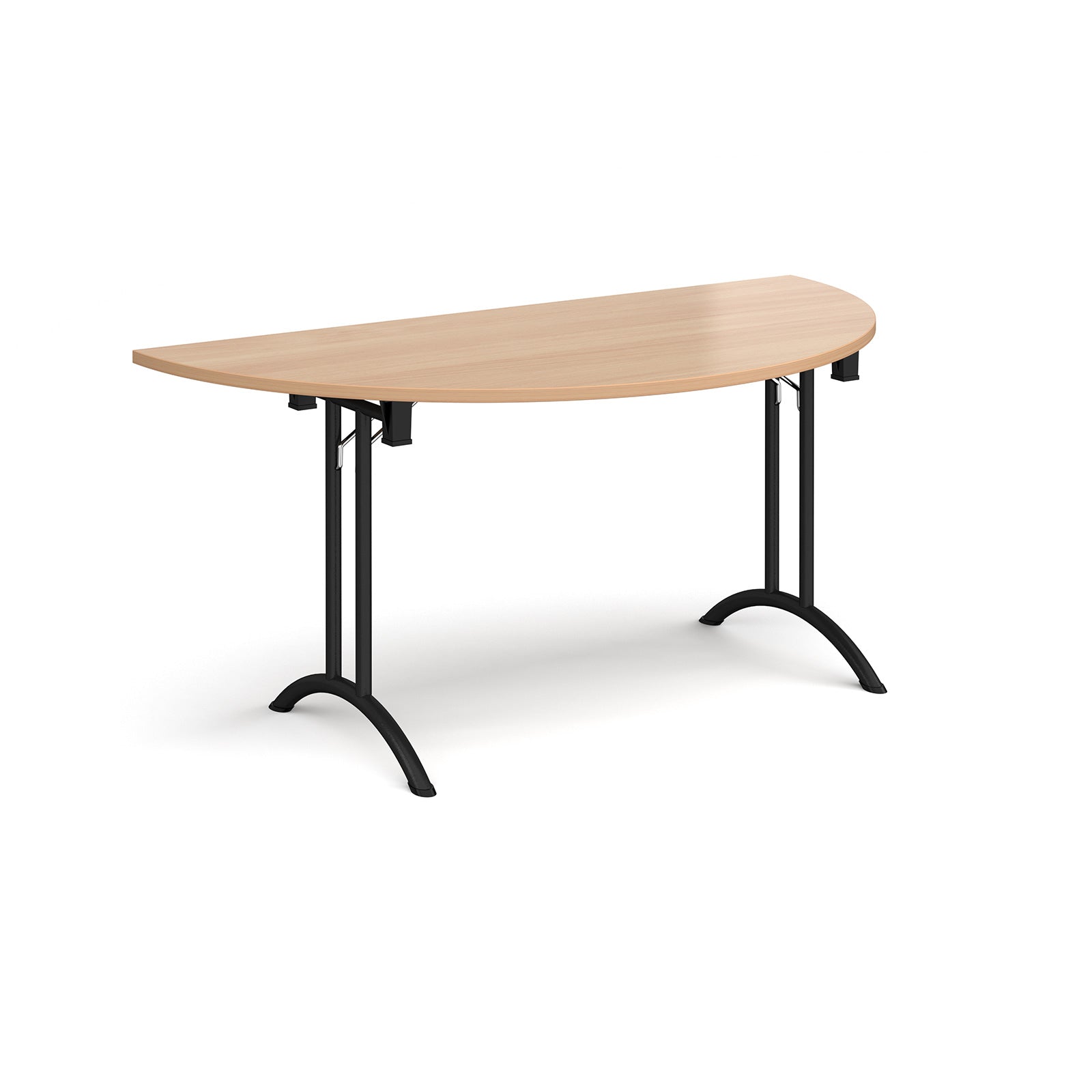 Semi-circular table with wood-effect top and black frame on a white background
