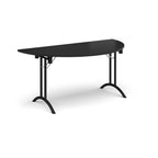 Black semi-circular table with metal frame on a white background