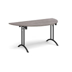 Semi-circular table with grey wood-effect top and black frame on a white background