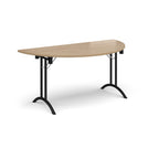 Semi-circular table with wood-effect top and black frame on a white background