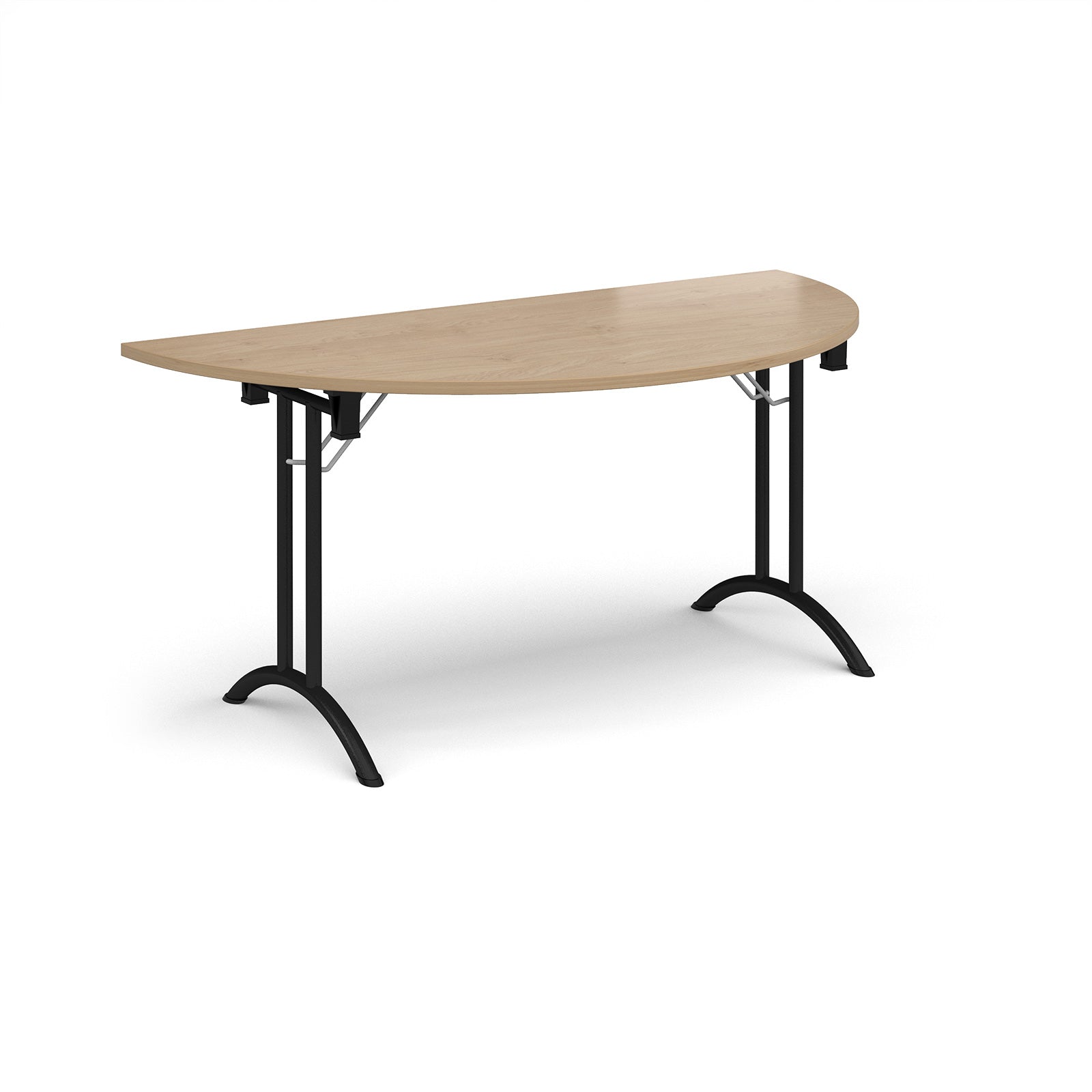 Semi-circular table with wood-effect top and black frame on a white background
