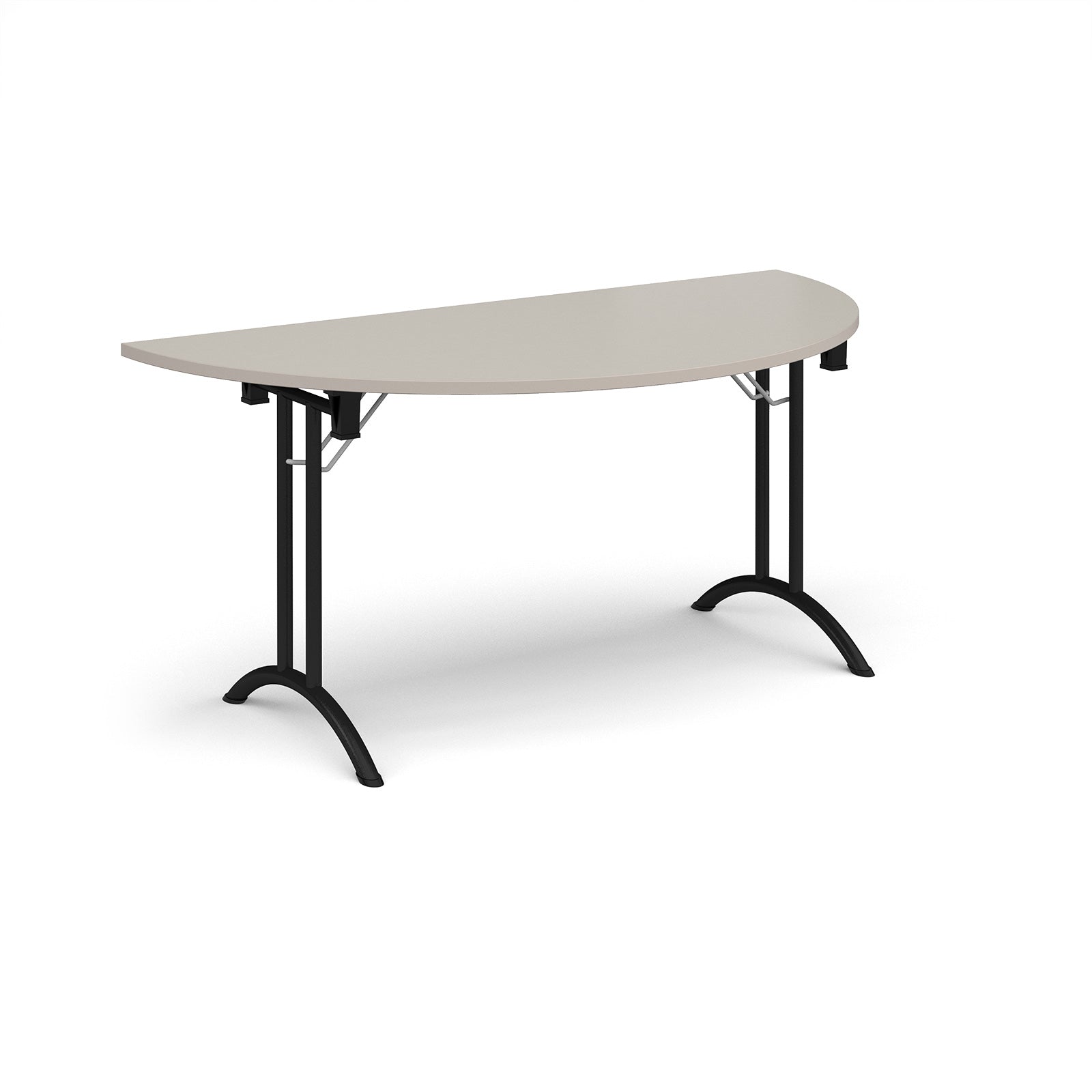 Semi-circular table with light grey top and black frame on a white background