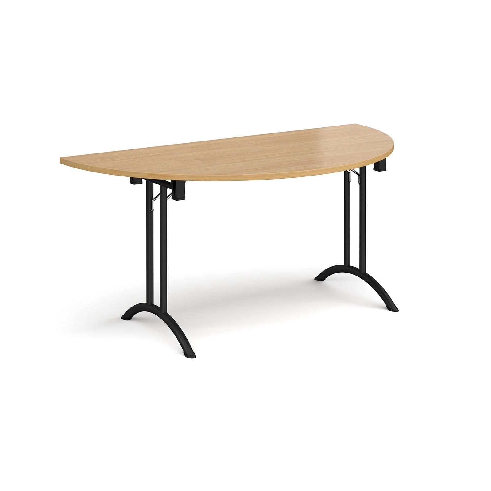 Semi-circular table with wood-effect top and black frame on a white background