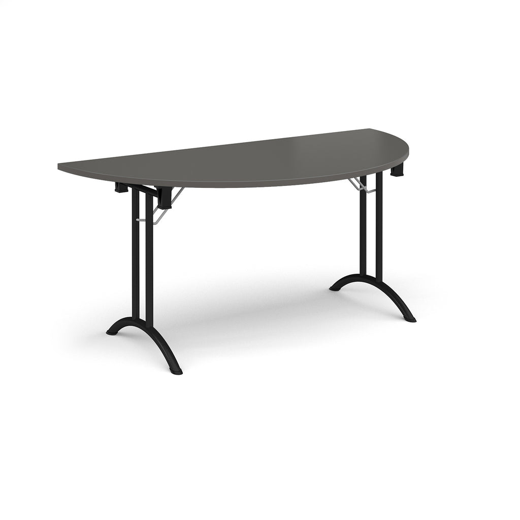 Semi-circular table with grey top and black frame on a white background