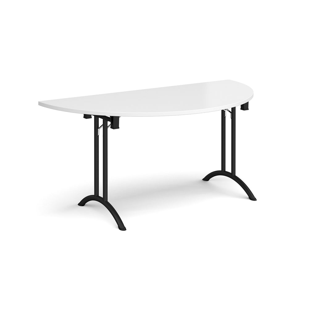 Semi-circular table with white top and black frame on a white background