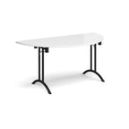 Semi-circular table with white top and black frame on a white background