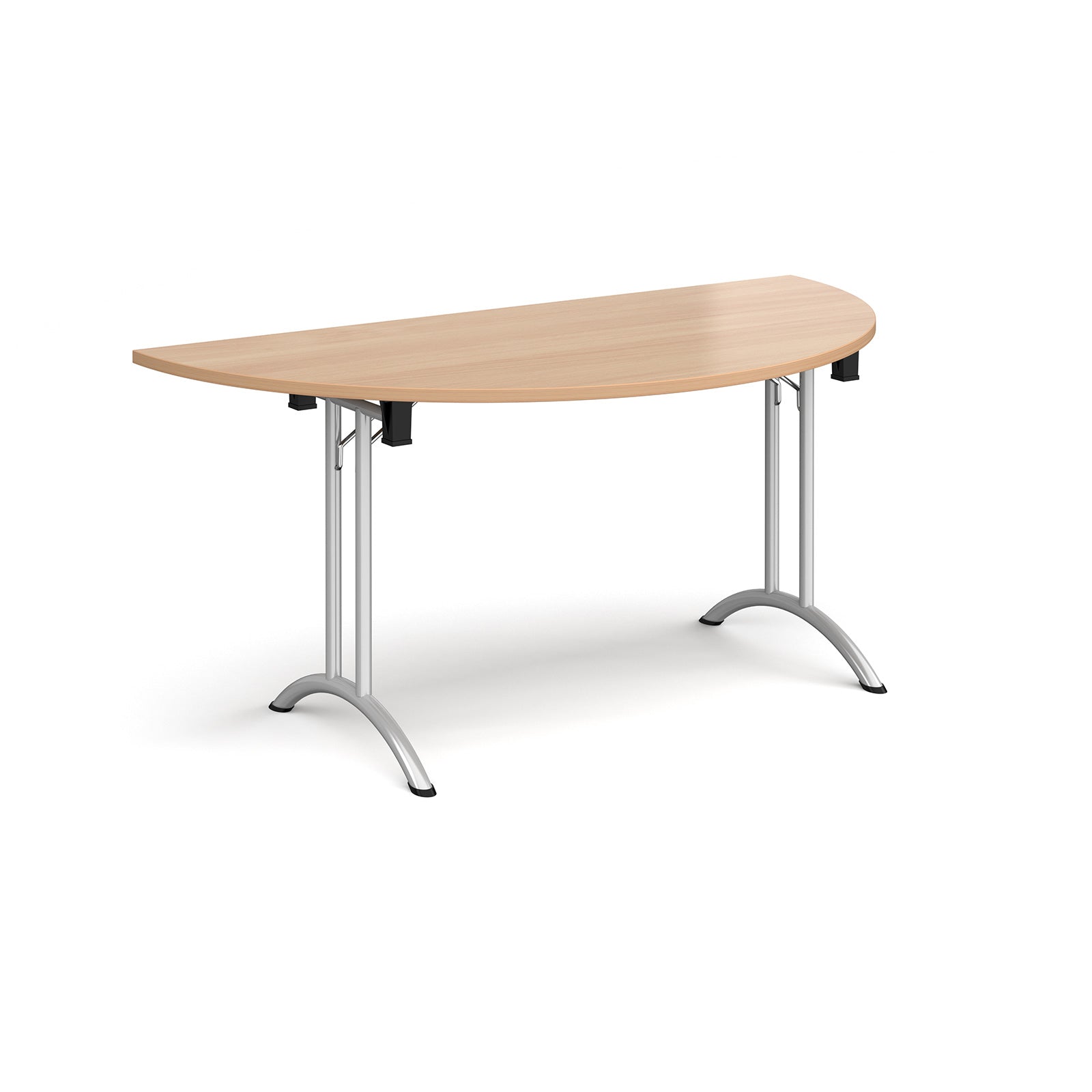 Semi-circular table with wood-effect top and silver frame on a white background
