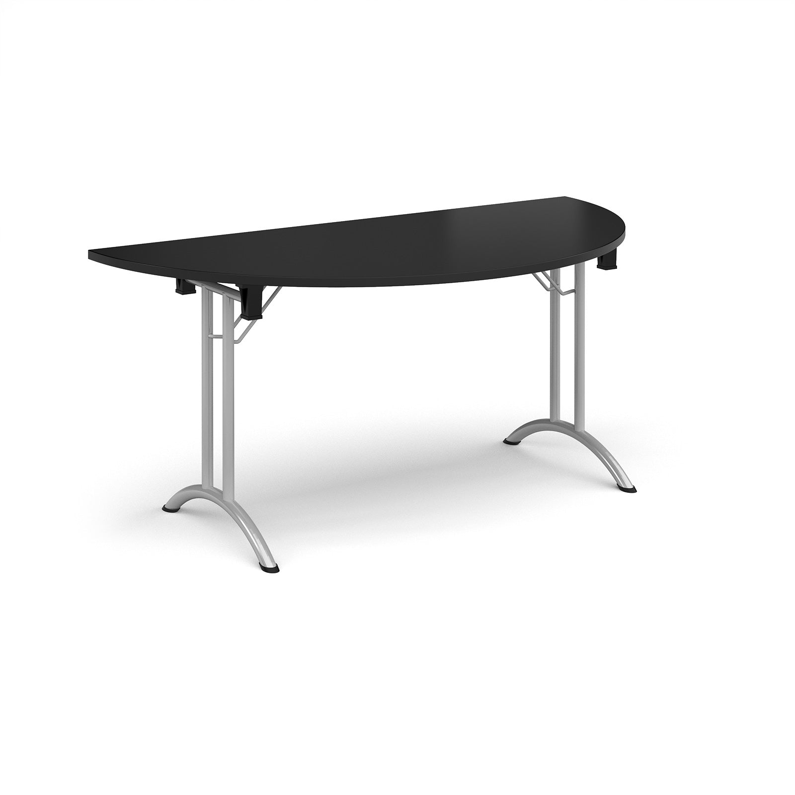 Semi-circular table with black top and silver frame on a white background