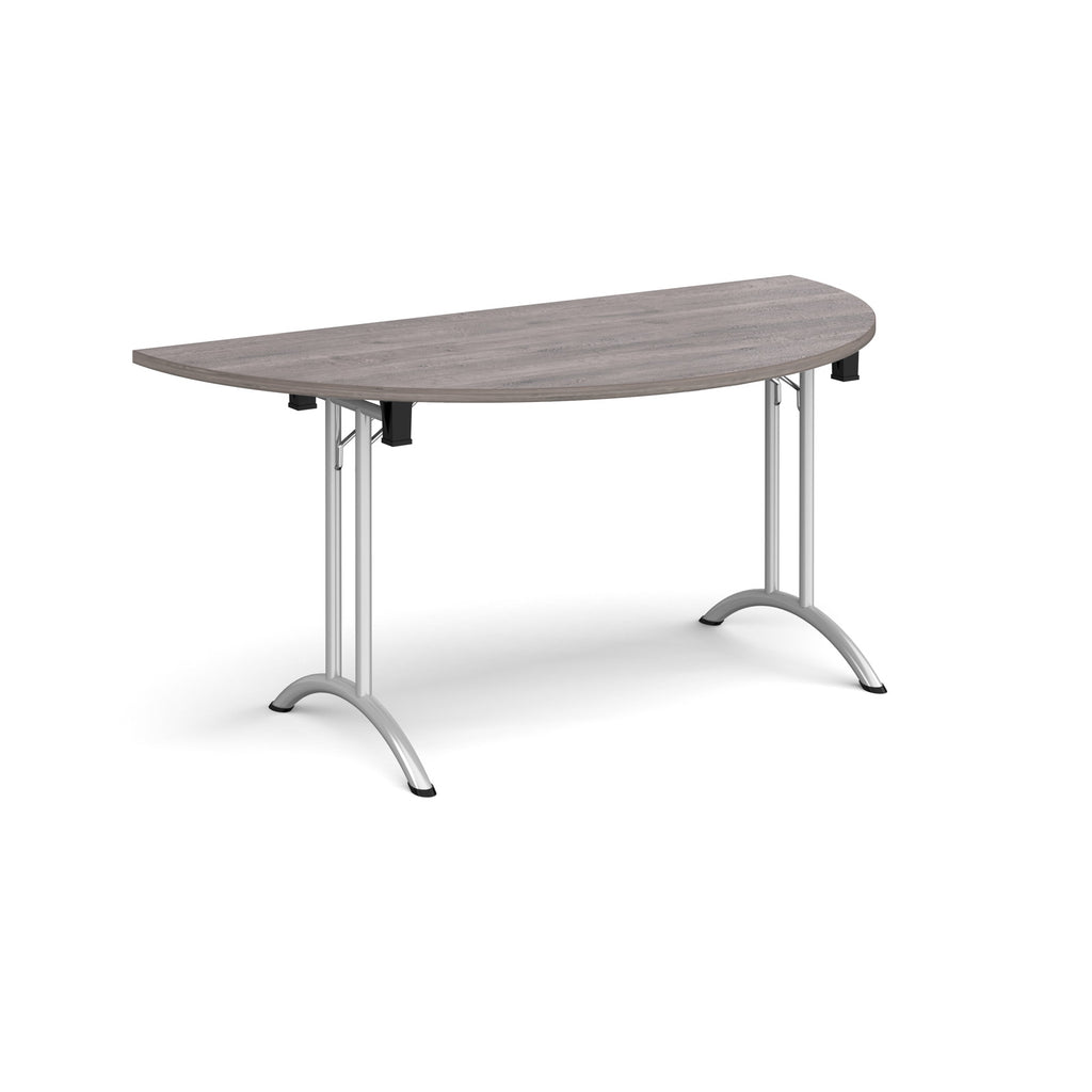 Semi-circular table with grey wood-effect top and silver frame on a white background