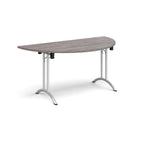Semi-circular table with grey wood-effect top and silver frame on a white background