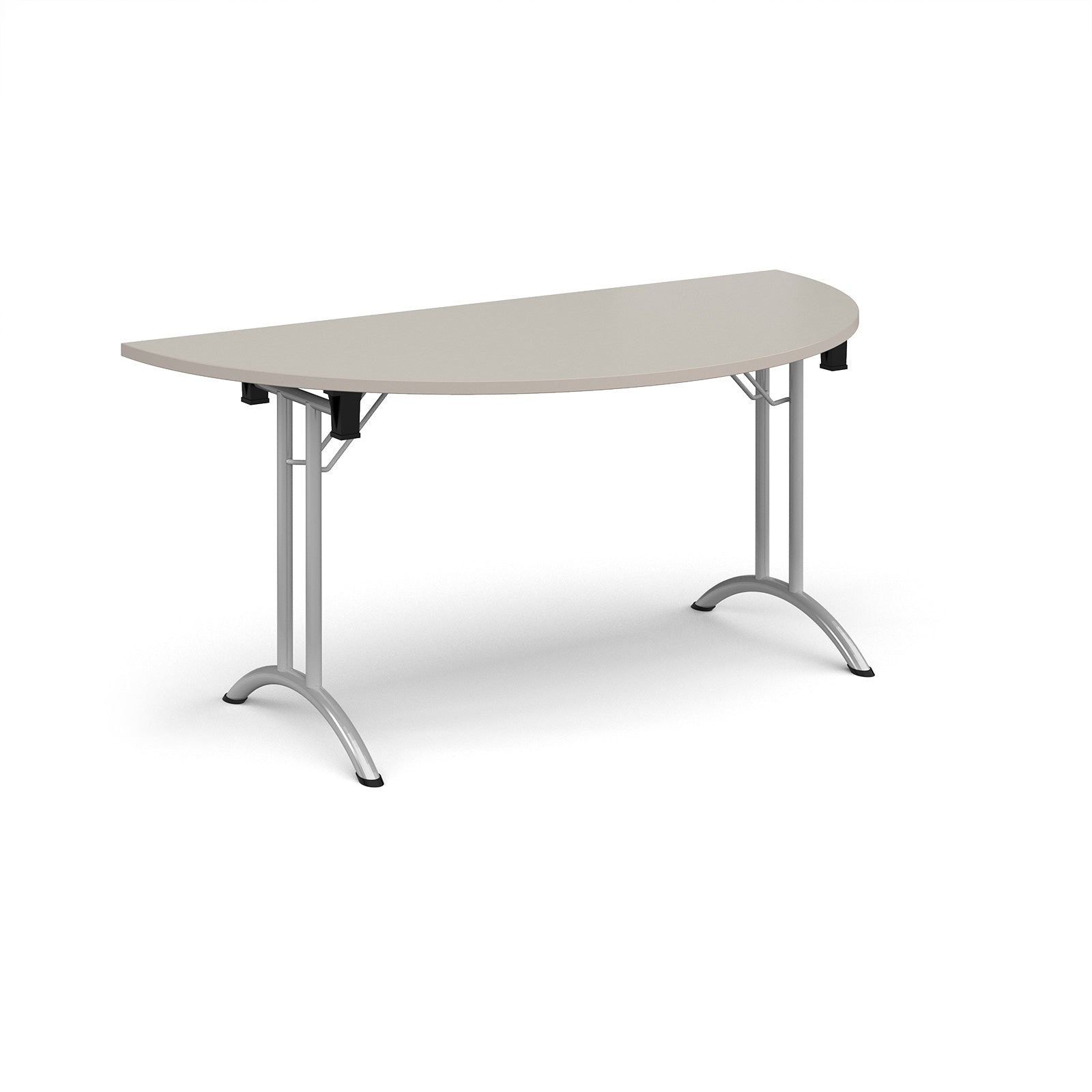 Semi-circular table with light grey top and silver frame on a white background
