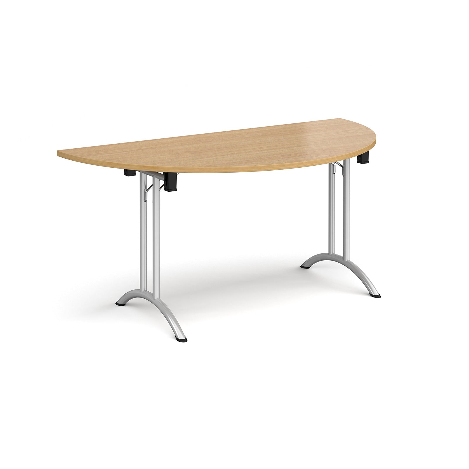 Semi-circular table with wood-effect top and silver frame on a white background
