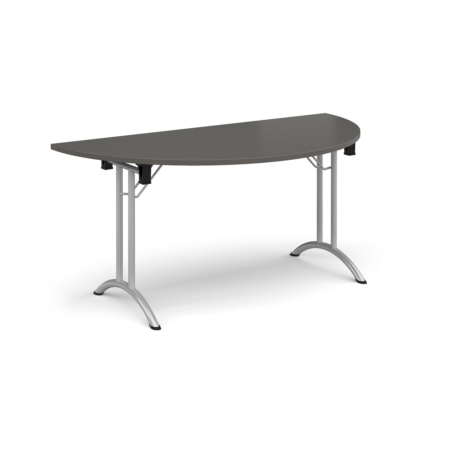 Semi-circular table with grey top and silver frame on a white background