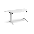 Semi-circular table with white top and silver frame on a white background