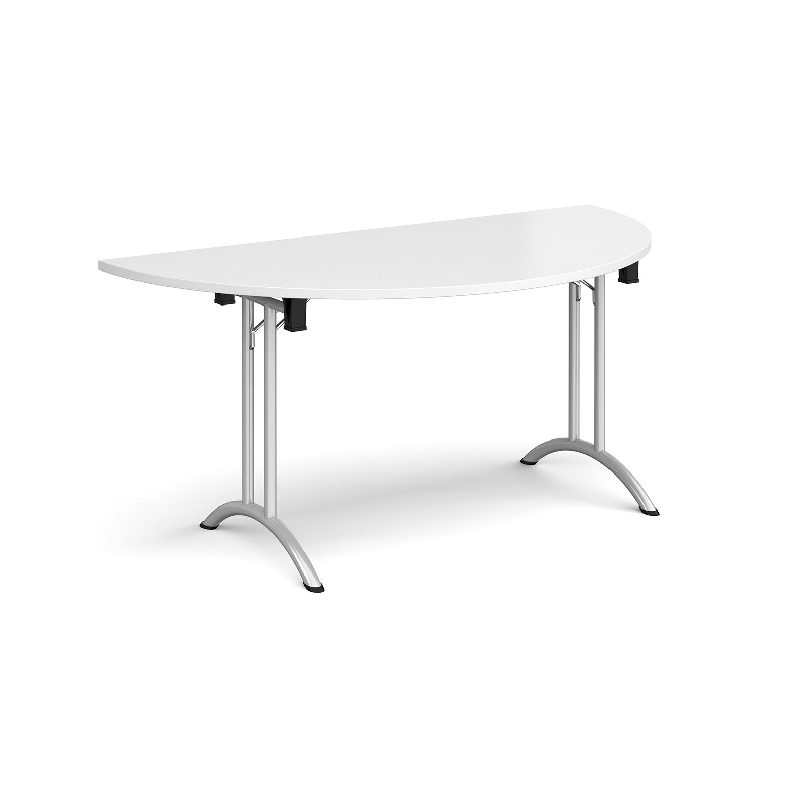 Semi-circular table with white top and silver frame on a white background