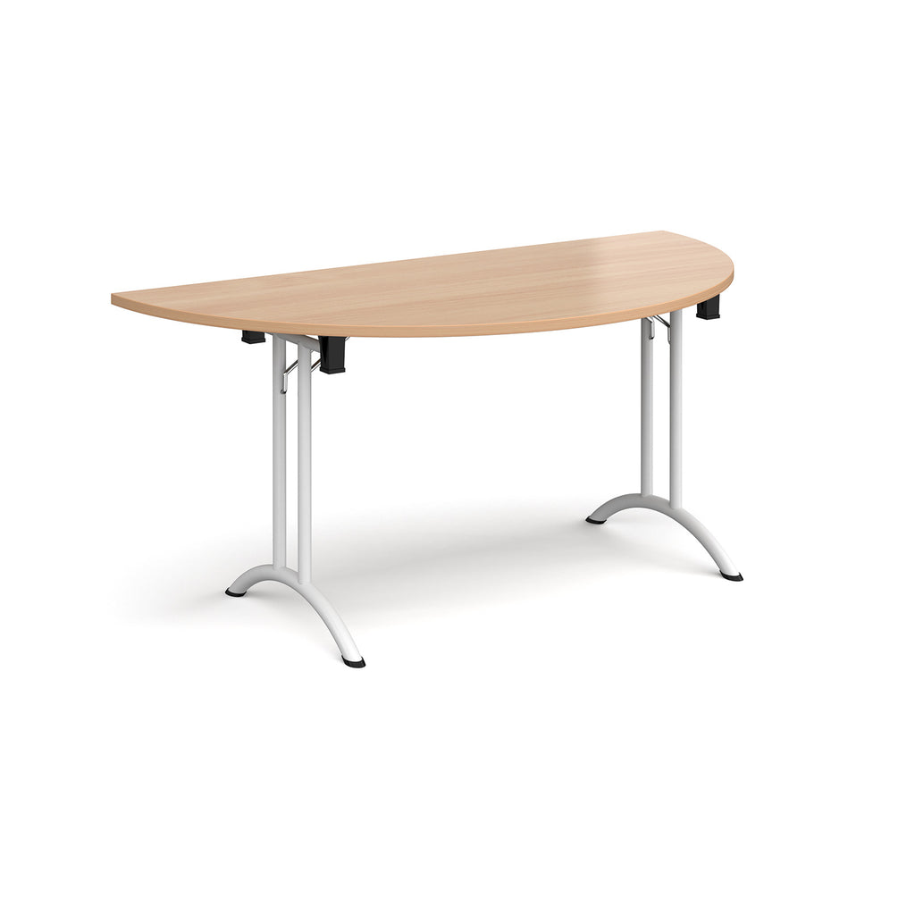 Semi-circular table with wood-effect top and white frame on a white background