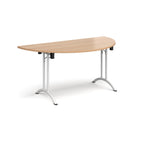 Semi-circular table with wood-effect top and white frame on a white background